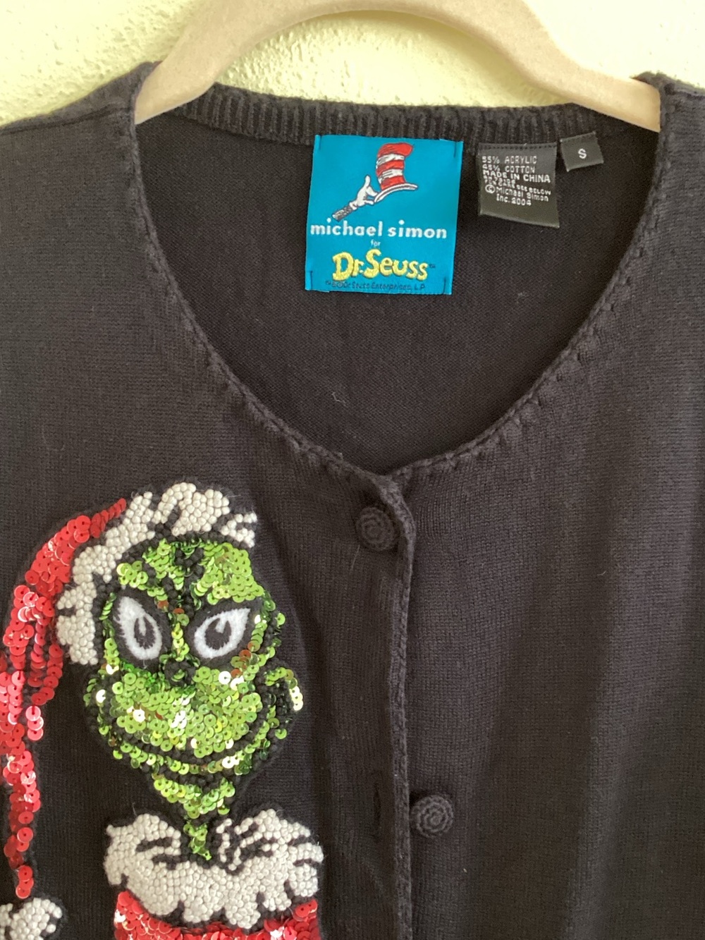 Michael Simon Women Sequin Grinch & Dog Holiday Cardigan - Black - Picture 3 of 6